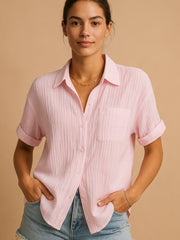 Charlotte | Damen Linen-Look Kurzarm Hemdbluse mit Brusttasche – Rosa