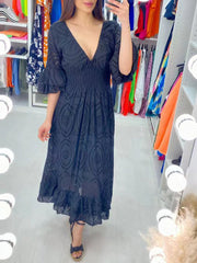 Elisabeth | Damen Midikleid Weißes Anglaise-Spitze V-Ausschnitt Rüschenärmel – Blau