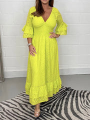Elisabeth | Damen Midikleid Weißes Anglaise-Spitze V-Ausschnitt Rüschenärmel – Gelb