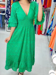 Elisabeth | Damen Midikleid Weißes Anglaise-Spitze V-Ausschnitt Rüschenärmel – Grün