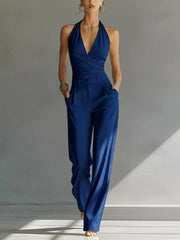 Elisabeth | Damen Neckholder Wide-Leg Chiffon Jumpsuit – Blau