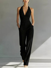 Elisabeth | Damen Neckholder Wide-Leg Chiffon Jumpsuit – Schwarz