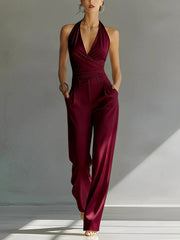 Elisabeth | Damen Neckholder Wide-Leg Chiffon Jumpsuit – Rot