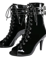 Damen Offene Ankle-Boots mit Schnürung, Riemen und Absatz – Schwarz