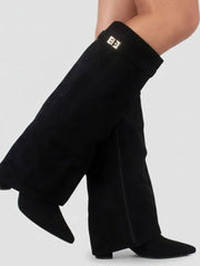 Nora | Damen Overknee Stiefel Mit Schnalle Spitzer Blockabsatz Wildleder – Schwarzes Wildleder