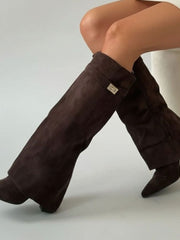 Nora | Damen Overknee Stiefel Mit Schnalle Spitzer Blockabsatz Wildleder – Braunes Wildleder