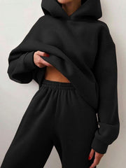 Amelie | Damen Oversized Kapuzen-Strickpullover mit Jogginghose im Set – Schwarz