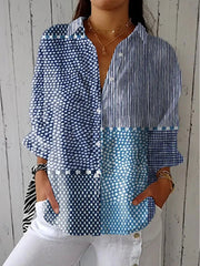 Sophie | Damen Patchwork-Bluse Langarm V-Ausschnitt Knopfleiste – Mehrfarbig