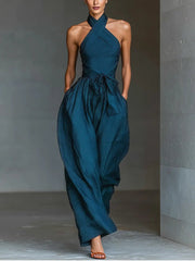 Lena | Damen Ärmellos Halterneck Leinen Jumpsuit Weites Bein – Marineblau