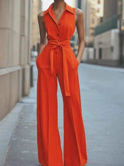 Hannah | Damen Ärmellos Weites Bein Jumpsuit Gürtel Formell – Orange
