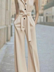 Hannah | Damen Ärmellos Weites Bein Jumpsuit Gürtel Formell – Beige