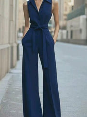 Hannah | Damen Ärmellos Weites Bein Jumpsuit Gürtel Formell – Marineblau