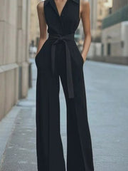 Hannah | Damen Ärmellos Weites Bein Jumpsuit Gürtel Formell – Schwarz
