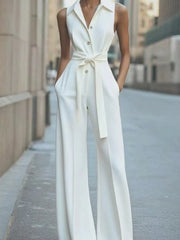 Hannah | Damen Ärmellos Weites Bein Jumpsuit Gürtel Formell – Weiß