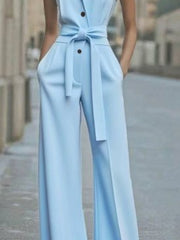 Hannah | Damen Ärmellos Weites Bein Jumpsuit Gürtel Formell – Hellblau