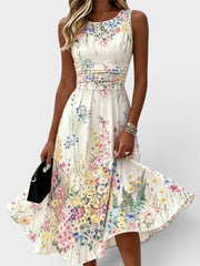 Charlotte | Damen Ärmelloses Blumen-Midikleid mit Taillierung A-Linie – Weiß