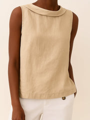 Charlotte | Damen Rollkragen Ärmellose Linen Bluse – Beige