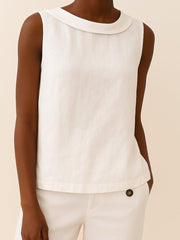 Charlotte | Damen Rollkragen Ärmellose Linen Bluse – Weiß