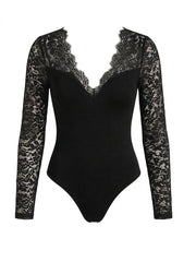Damen Spitzenärmel Bodybluse mit tiefem Ausschnitt – Schwarz