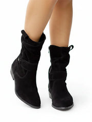 Damen Stiefel mit mittlerer Schafthöhe, Riemendetail und seitlichem Reißverschluss – Schwarz