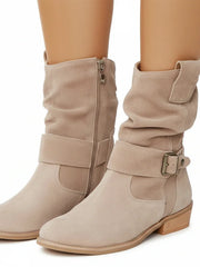Damen Stiefel mit mittlerer Schafthöhe, Riemendetail und seitlichem Reißverschluss – Beige
