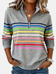 Greta | Damen Sweatshirt Gestreift Reißverschluss Regenbogen – Grau