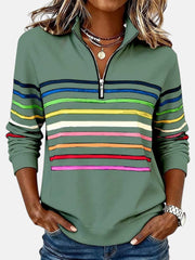 Greta | Damen Sweatshirt Gestreift Reißverschluss Regenbogen – Grün