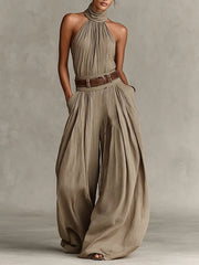 Luisa | Damen Taupe Neckholder Weites-Bein Jumpsuit – Taupe