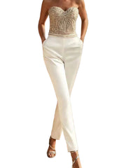 Damen trägerloser Jumpsuit mit strukturiertem Oberteil und geradem Bein – Weiß