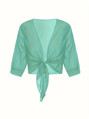 Damen transparente Kurzbluse mit Bindung vorne und kurzen Ärmeln – Hellgrün