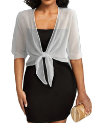 Damen transparente Kurzbluse mit Bindung vorne und kurzen Ärmeln – Weiß
