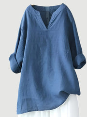 Hannah | Damen Tunika Bluse Luftig Bequem V-Ausschnitt Langarm – Blau