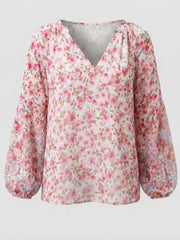Damen V-Ausschnitt Bluse mit Blumenmuster und langen Ärmeln – Rosa