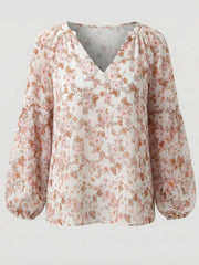 Damen V-Ausschnitt Bluse mit Blumenmuster und langen Ärmeln – Braun