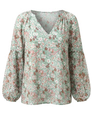 Damen V-Ausschnitt Bluse mit Blumenmuster und langen Ärmeln – Grün