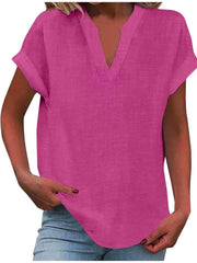 Mia | Damen V-Ausschnitt Bluse Relaxed Fit Kurzarm – Leuchtendes Rosa