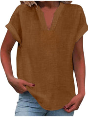 Mia | Damen V-Ausschnitt Bluse Relaxed Fit Kurzarm – Braun