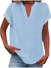 Mia | Damen V-Ausschnitt Bluse Relaxed Fit Kurzarm – Himmelblau