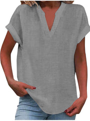 Mia | Damen V-Ausschnitt Bluse Relaxed Fit Kurzarm – Hellgrau