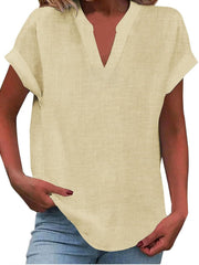 Mia | Damen V-Ausschnitt Bluse Relaxed Fit Kurzarm – Beige