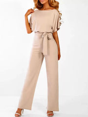 Damen’s Jumpsuit mit kurzen Ärmeln, weitem Bein und Taillenband – Beige