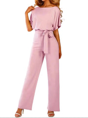 Damen’s Jumpsuit mit kurzen Ärmeln, weitem Bein und Taillenband – Rosa
