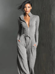 Glitzernder Strick-Jumpsuit mit weitem Bein für Damen | Reißverschluss vorne – Dunkelgrau