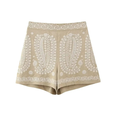 Bestickte High-Waist Shorts aus veganem Leder