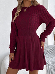 Edwara | Damen Strickkleid Langarm Zopfmuster Mini – Weinrot