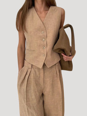 Evadne | Damen Ärmellose Weste Weit Hose Set – Khaki