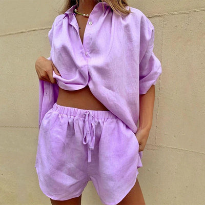 Leichtes Damen Sommer-Set: Bluse & Hose aus Leinen-Mix