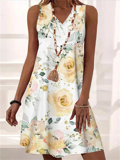 Elara – Klassisches Kleid mit V-Ausschnitt und Blumenmuster