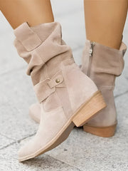 Astrid | Weiche Kniehohe Kunstwildlederstiefel mit Blockabsatz – Beige