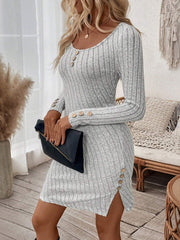 Frieda | Figurbetontes Strickkleid Damen Langarm Knopfdetail Minikleid – Grau